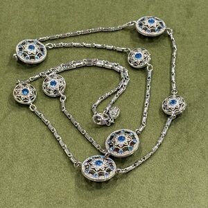 Elegant Silver, Blue and White Rhinestone Necklace